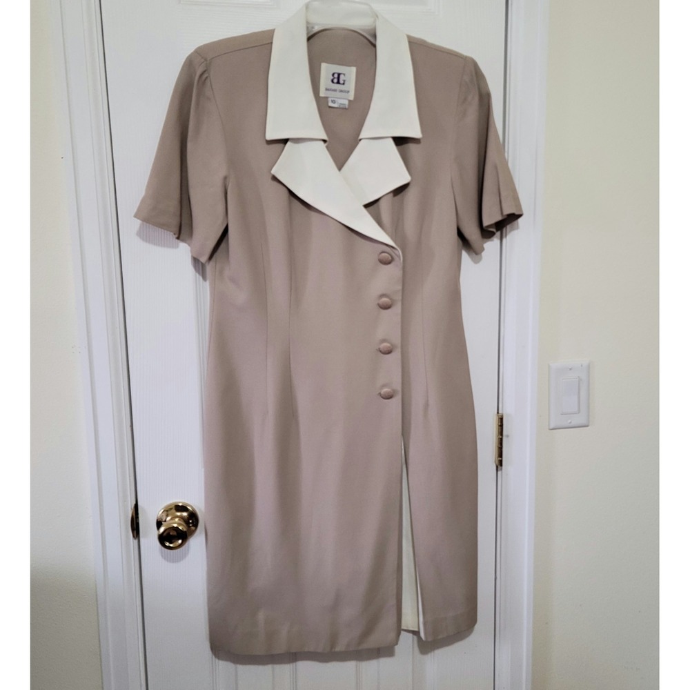 Vintage Bahari Secretary Dress 10 Tan Ivory 80s ShortSleeve Collar ButtonUp SEE